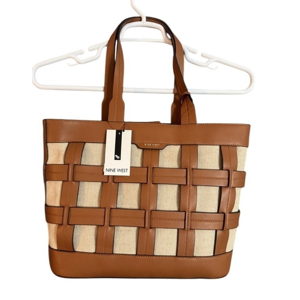 NWOT Nine West Sutton Place Tote Bag Caramel Canvas Woven Cage WGN111623